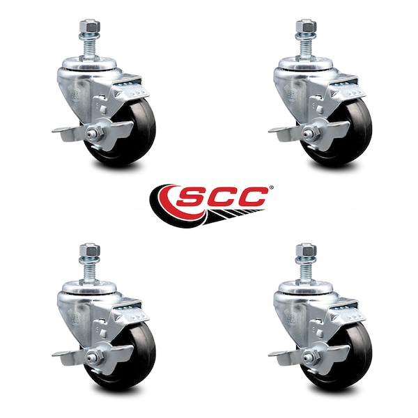 3.5 Inch Hard Rubber Wheel Swivel 10mm Threaded Stem Caster Set with Brake